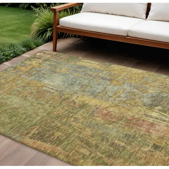 Artichoke Green And Gold Abstract Washable Indoor Outdoor Area Rug Photo 1