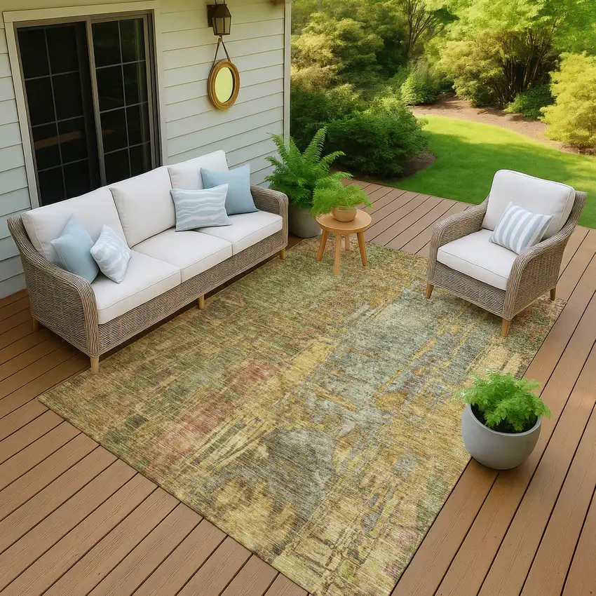 Artichoke Green And Gold Abstract Washable Indoor Outdoor Area Rug Photo 8