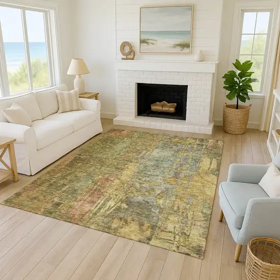 Artichoke Green And Gold Abstract Washable Indoor Outdoor Area Rug Photo 9