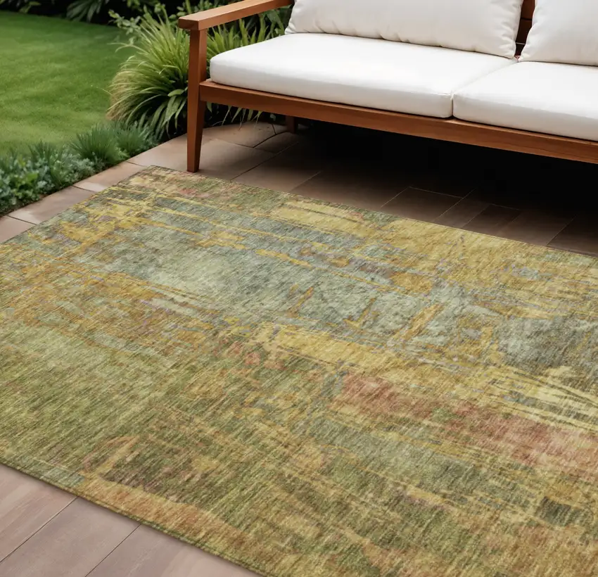 Artichoke Green And Gold Abstract Washable Indoor Outdoor Area Rug Photo 1