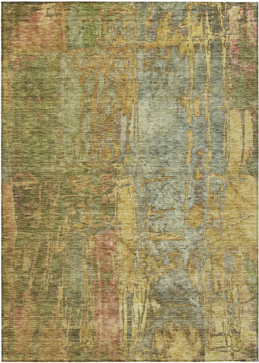 Artichoke Green And Gold Abstract Washable Indoor Outdoor Area Rug Photo 2