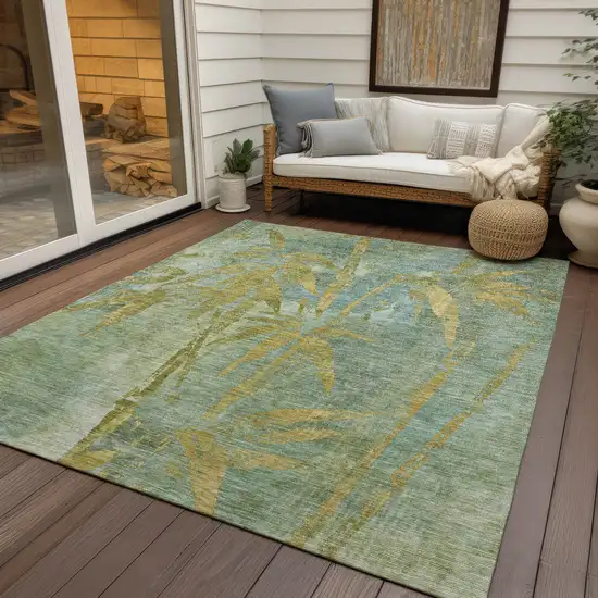 Artichoke Green And Gold Botanical Leaves Washable Indoor Outdoor Area Rug Photo 9