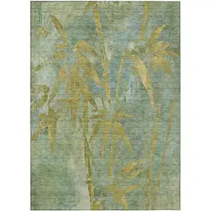 Photo of Artichoke Green And Gold Botanical Leaves Washable Indoor Outdoor Area Rug