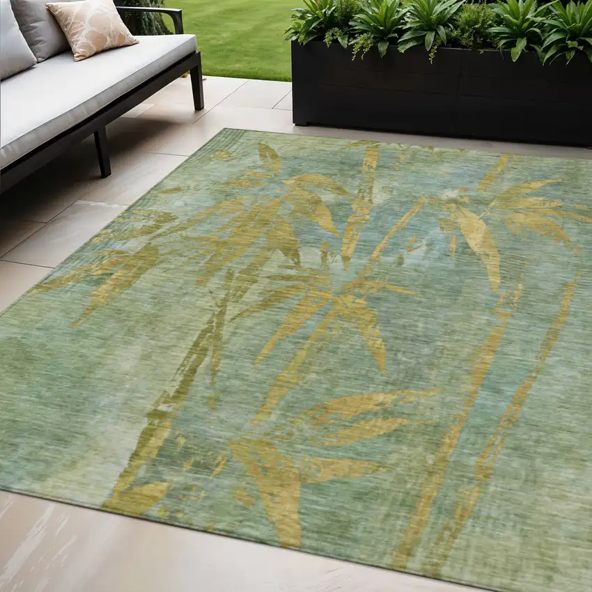 Artichoke Green And Gold Botanical Leaves Washable Indoor Outdoor Area Rug Photo 2