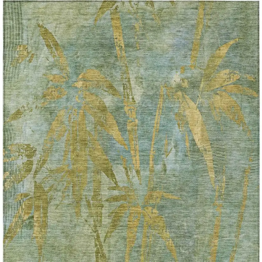 Artichoke Green And Gold Botanical Leaves Washable Indoor Outdoor Area Rug Photo 5