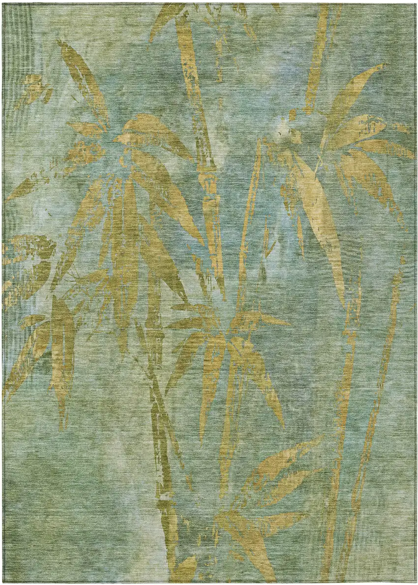 Artichoke Green And Gold Botanical Leaves Washable Indoor Outdoor Area Rug Photo 1