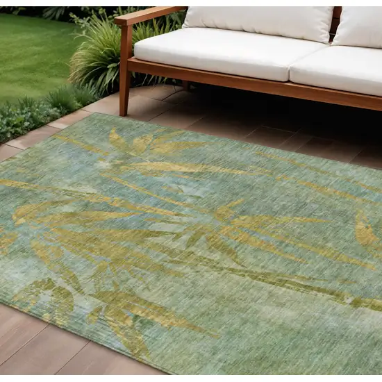 Artichoke Green And Gold Botanical Leaves Washable Indoor Outdoor Area Rug Photo 2