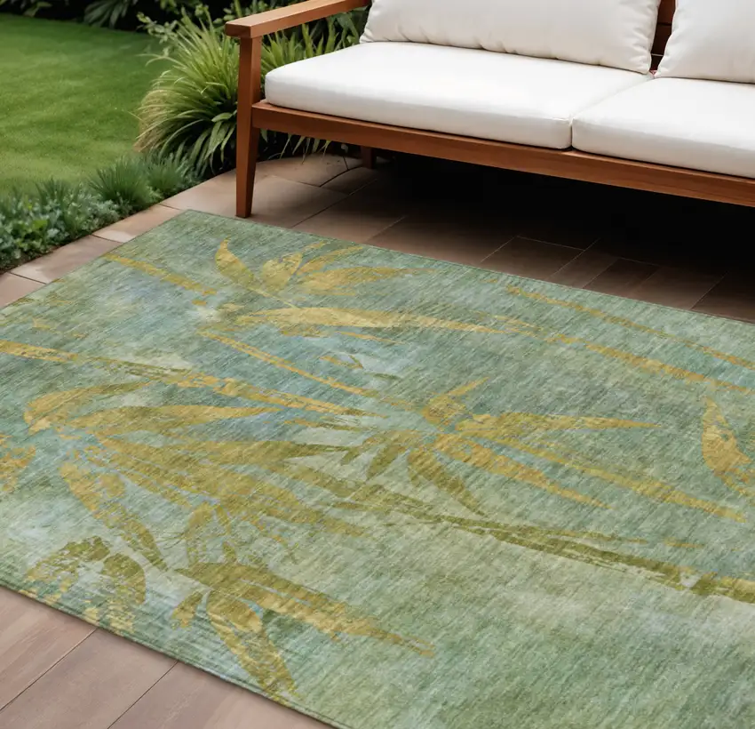 Artichoke Green And Gold Botanical Leaves Washable Indoor Outdoor Area Rug Photo 2