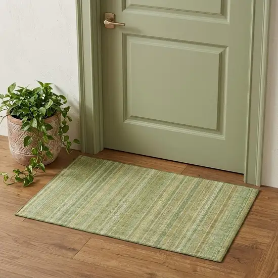 Artichoke Green And Gold Striped Washable Area Rug With UV Protection Photo 1