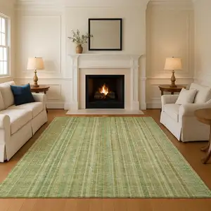 Photo of Artichoke Green And Gold Striped Washable Area Rug With UV Protection