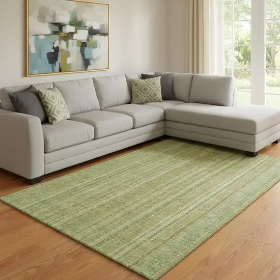 Artichoke Green And Gold Striped Washable Area Rug With UV Protection Photo 2