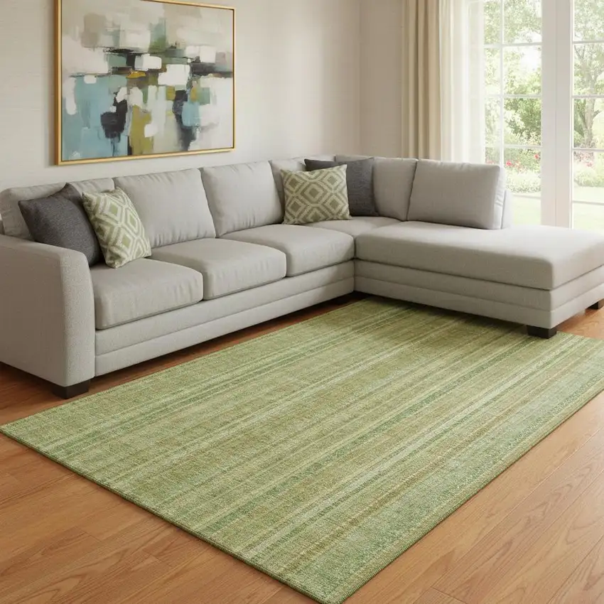 Artichoke Green And Gold Striped Washable Area Rug With UV Protection Photo 2