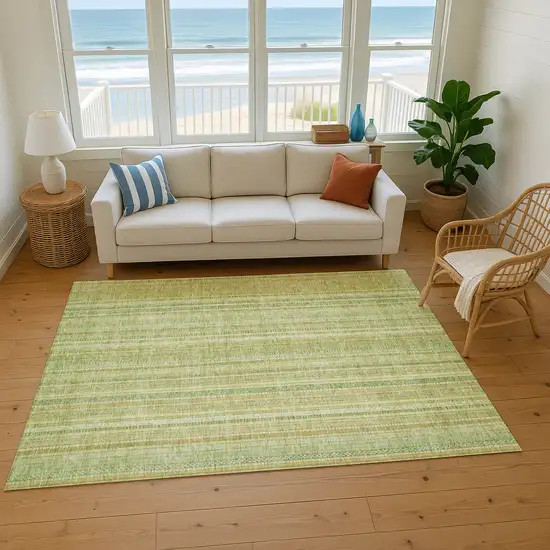 Artichoke Green And Gold Striped Washable Area Rug With UV Protection Photo 4
