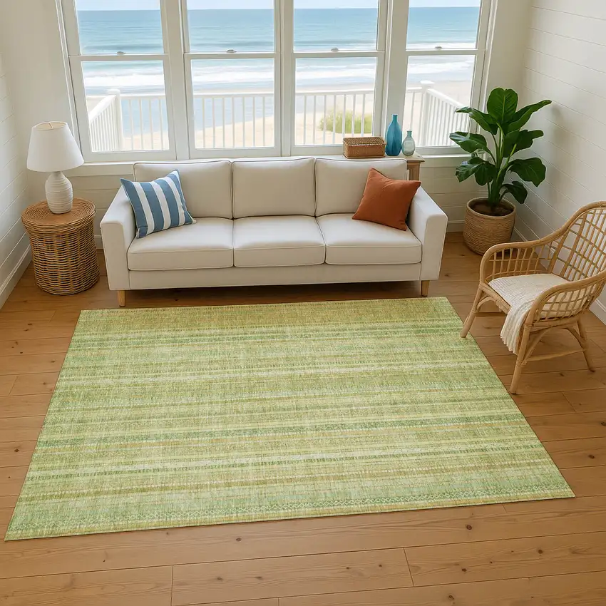 Artichoke Green And Gold Striped Washable Area Rug With UV Protection Photo 4