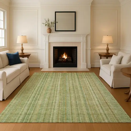 Artichoke Green And Gold Striped Washable Area Rug With UV Protection Photo 3