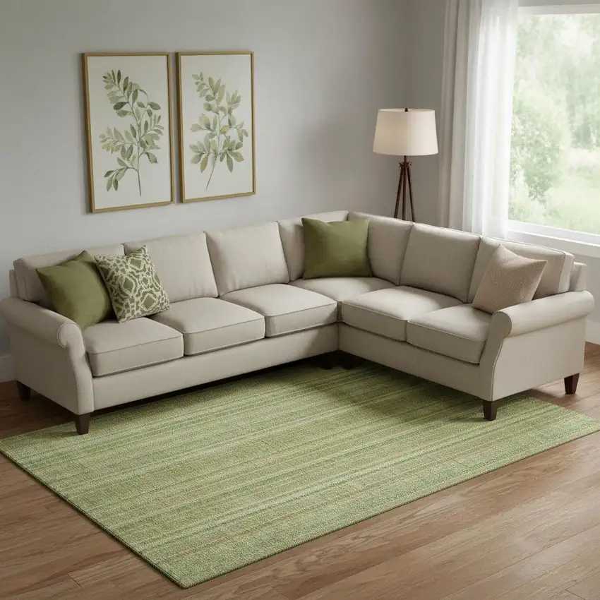 Artichoke Green And Gold Striped Washable Area Rug With UV Protection Photo 2