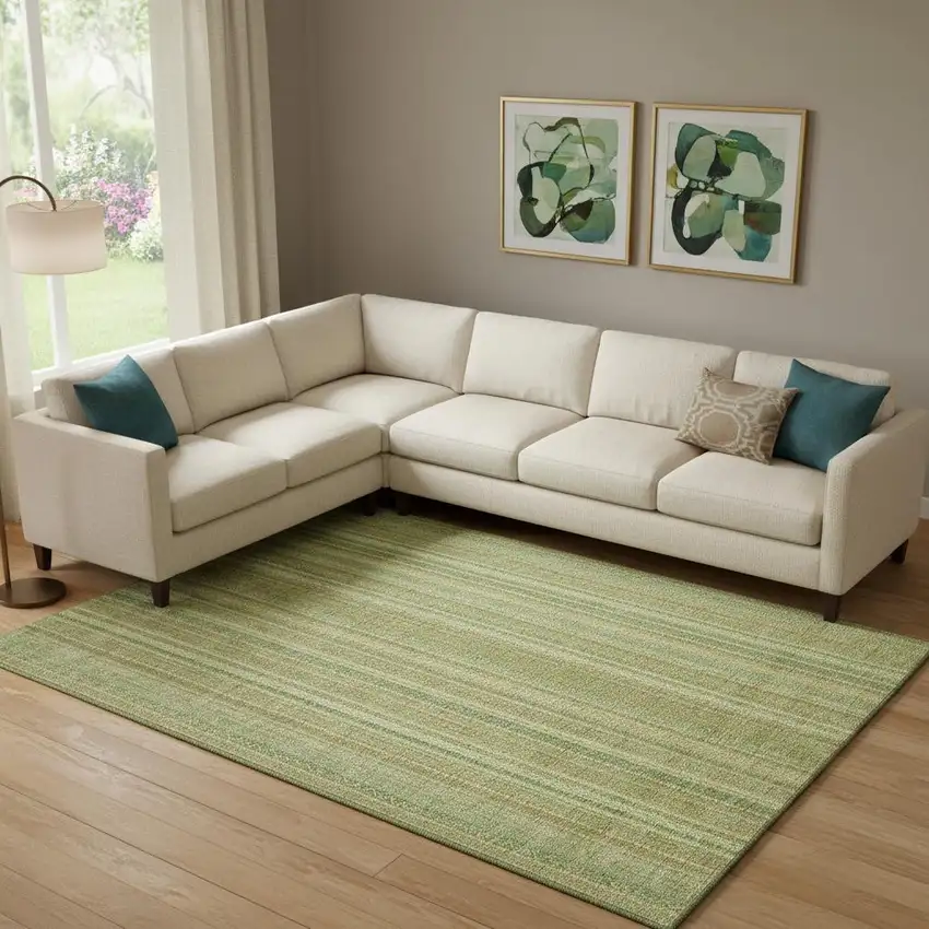 Artichoke Green And Gold Striped Washable Area Rug With UV Protection Photo 2