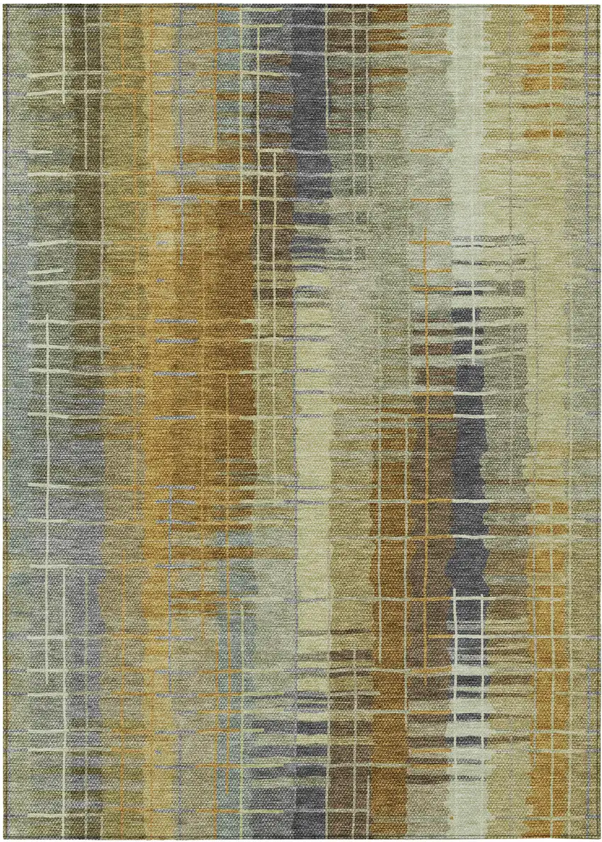 Artichoke Green And Gold Striped Washable Indoor Outdoor Area Rug Photo 2