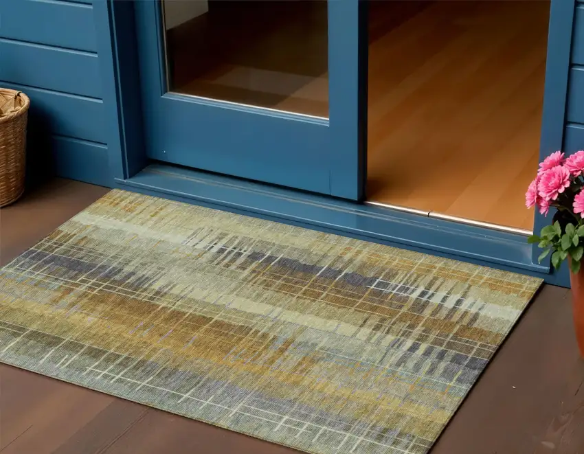 Artichoke Green And Gold Striped Washable Indoor Outdoor Area Rug Photo 1