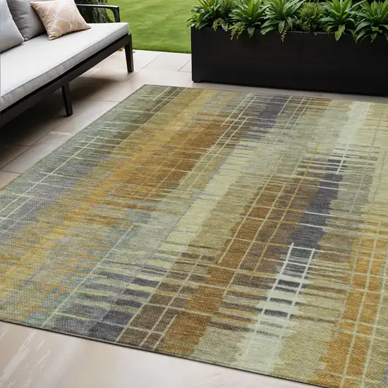 Artichoke Green And Gold Striped Washable Indoor Outdoor Area Rug Photo 1