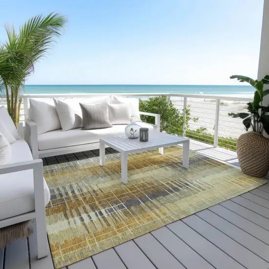 Artichoke Green And Gold Striped Washable Indoor Outdoor Area Rug Photo 9