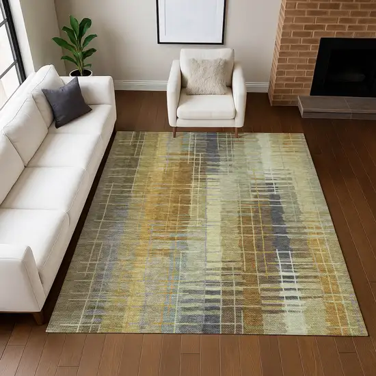 Artichoke Green And Gold Striped Washable Indoor Outdoor Area Rug Photo 7