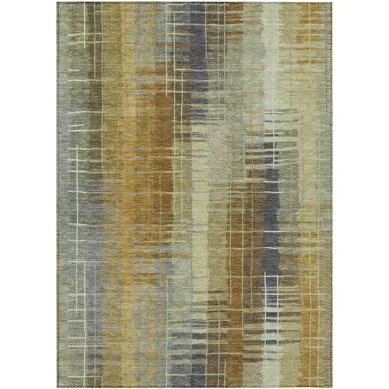 Artichoke Green And Gold Striped Washable Indoor Outdoor Area Rug Photo 2