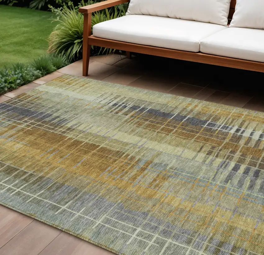 Artichoke Green And Gold Striped Washable Indoor Outdoor Area Rug Photo 1