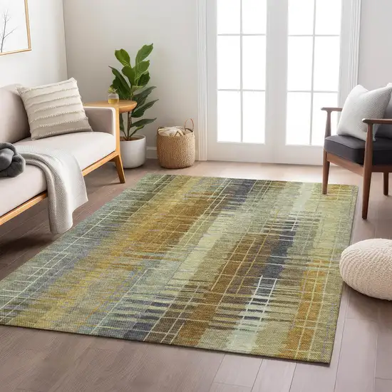 Artichoke Green And Gold Striped Washable Indoor Outdoor Area Rug Photo 8