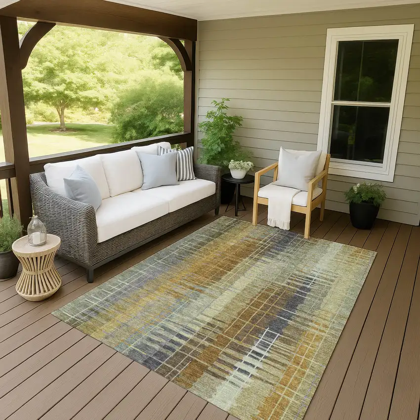 Artichoke Green And Gold Striped Washable Indoor Outdoor Area Rug Photo 7