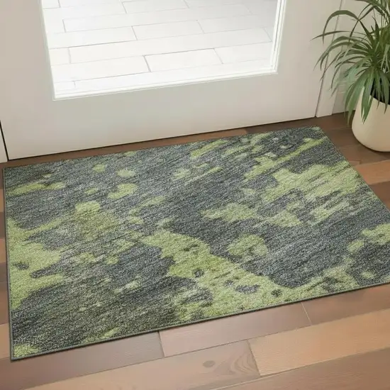Artichoke Green And Gray Abstract Washable Area Rug With UV Protection Photo 2