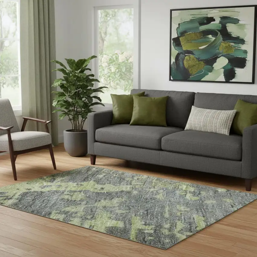 Artichoke Green And Gray Abstract Washable Area Rug With UV Protection Photo 2