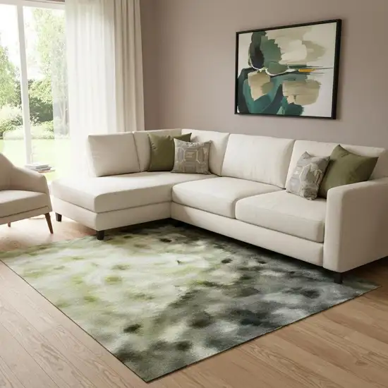 Artichoke Green And Gray Abstract Washable Area Rug With UV Protection Photo 2