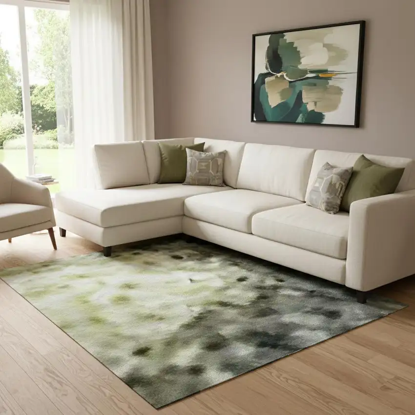 Artichoke Green And Gray Abstract Washable Area Rug With UV Protection Photo 2