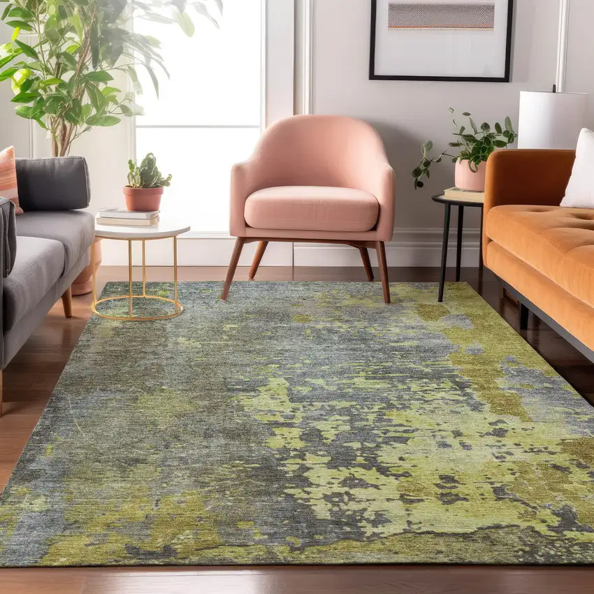 Artichoke Green And Gray Abstract Washable Area Rug With UV Protection Photo 5