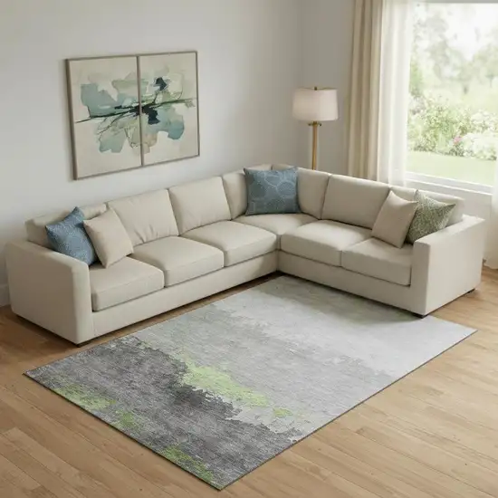 Artichoke Green And Gray Abstract Washable Area Rug With UV Protection Photo 2