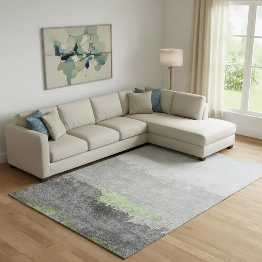 Artichoke Green And Gray Abstract Washable Area Rug With UV Protection Photo 2