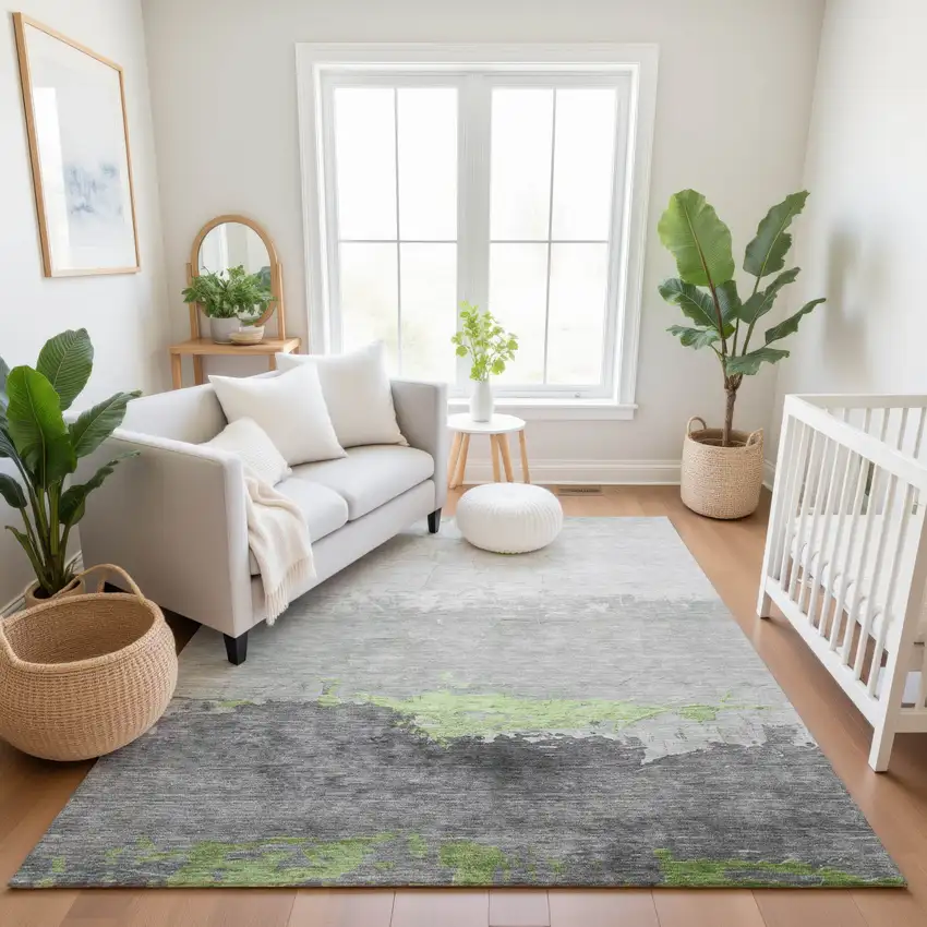 Artichoke Green And Gray Abstract Washable Area Rug With UV Protection Photo 5