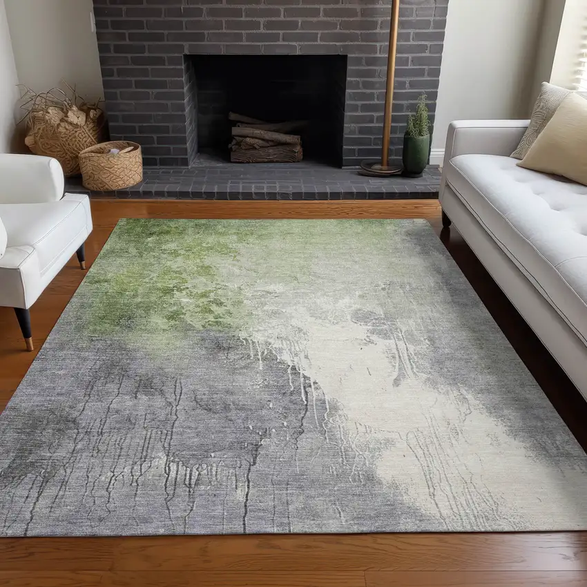 Artichoke Green And Gray Abstract Washable Indoor Outdoor Area Rug Photo 7