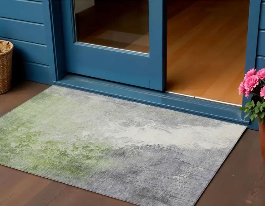 Artichoke Green And Gray Abstract Washable Indoor Outdoor Area Rug Photo 2