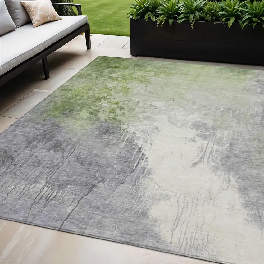 Artichoke Green And Gray Abstract Washable Indoor Outdoor Area Rug Photo 2