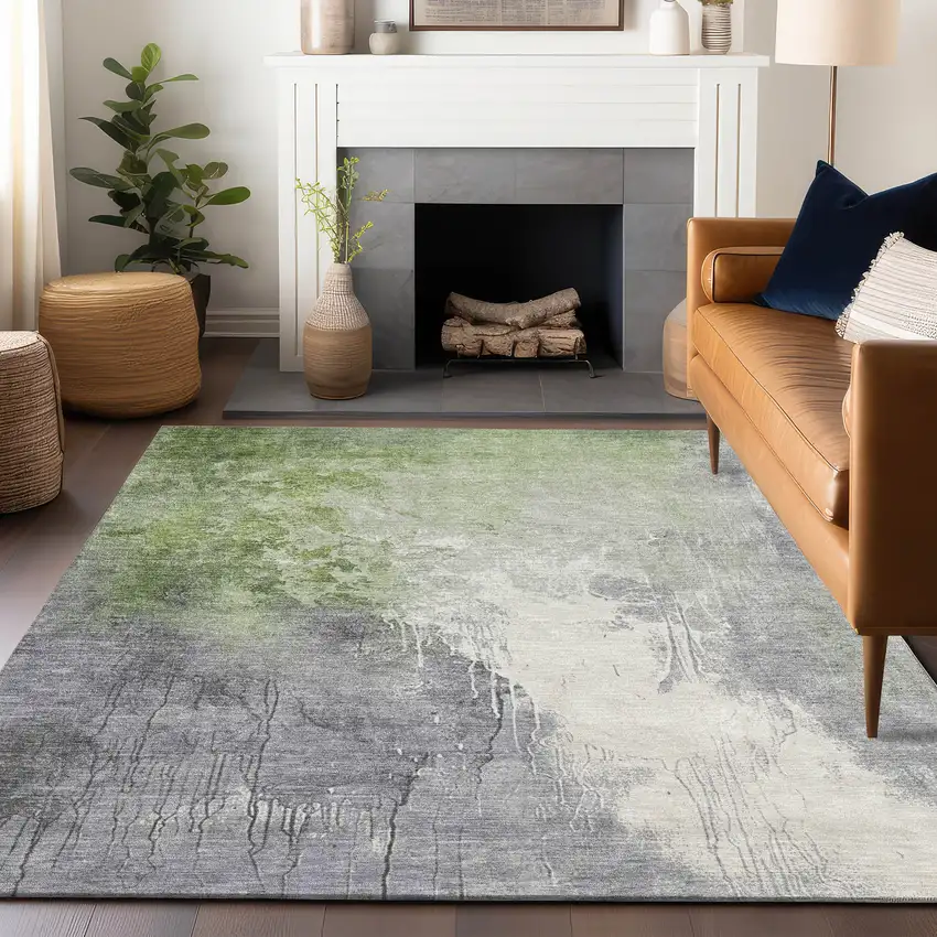 Artichoke Green And Gray Abstract Washable Indoor Outdoor Area Rug Photo 6