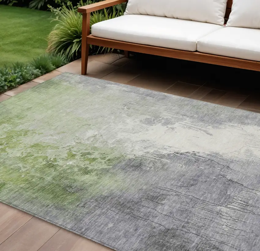 Artichoke Green And Gray Abstract Washable Indoor Outdoor Area Rug Photo 2