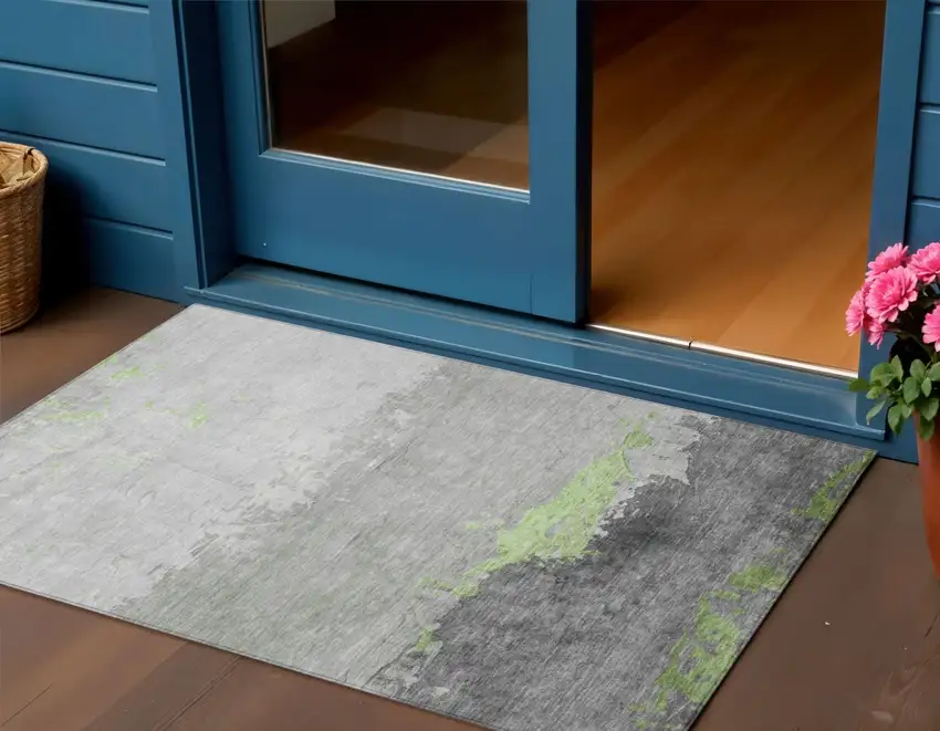 Artichoke Green And Gray Abstract Washable Indoor Outdoor Area Rug Photo 2