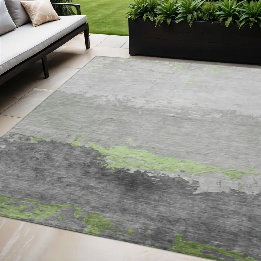Artichoke Green And Gray Abstract Washable Indoor Outdoor Area Rug Photo 2