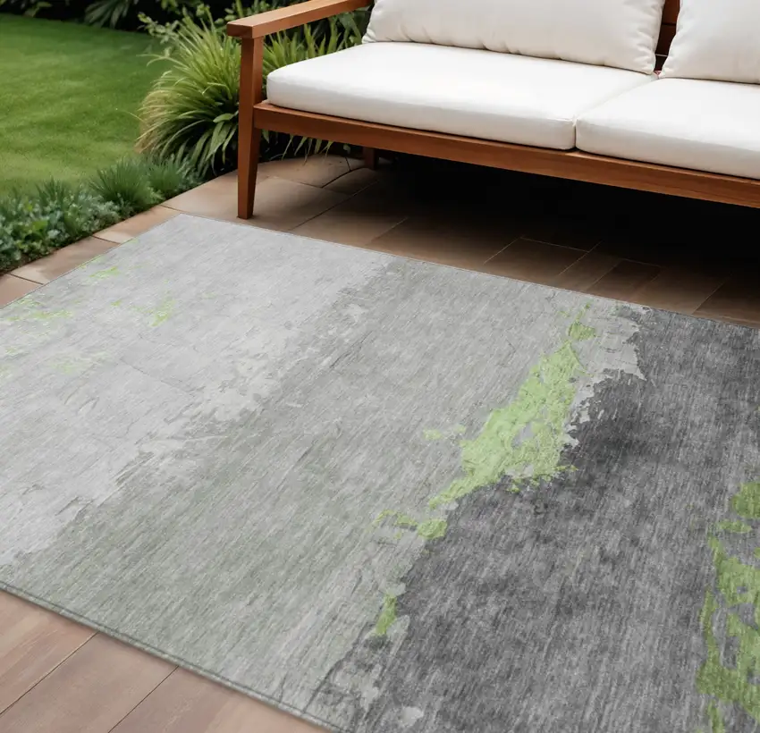 Artichoke Green And Gray Abstract Washable Indoor Outdoor Area Rug Photo 2