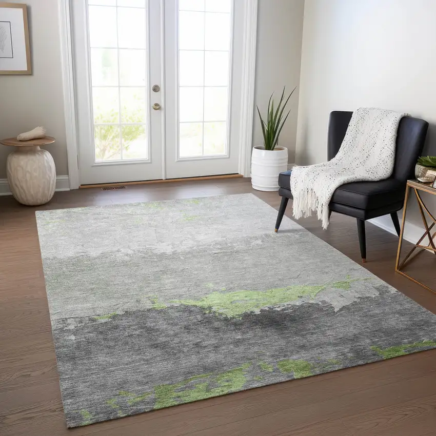 Artichoke Green And Gray Abstract Washable Indoor Outdoor Area Rug Photo 6
