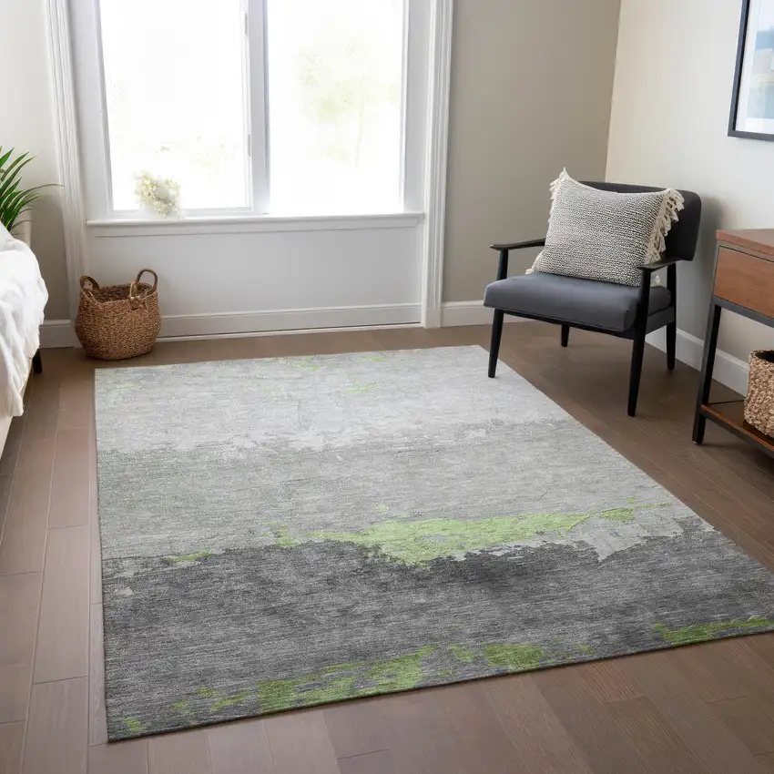 Artichoke Green And Gray Abstract Washable Indoor Outdoor Area Rug Photo 7