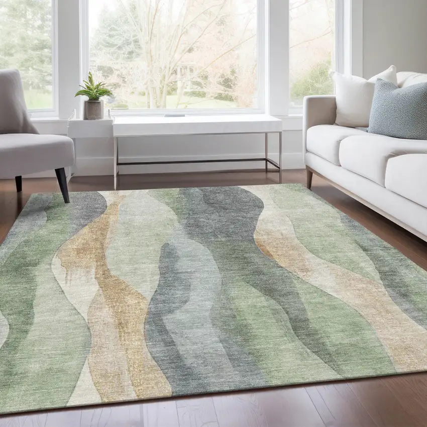 Artichoke Green And Gray Abstract Washable Indoor Outdoor Area Rug Photo 5