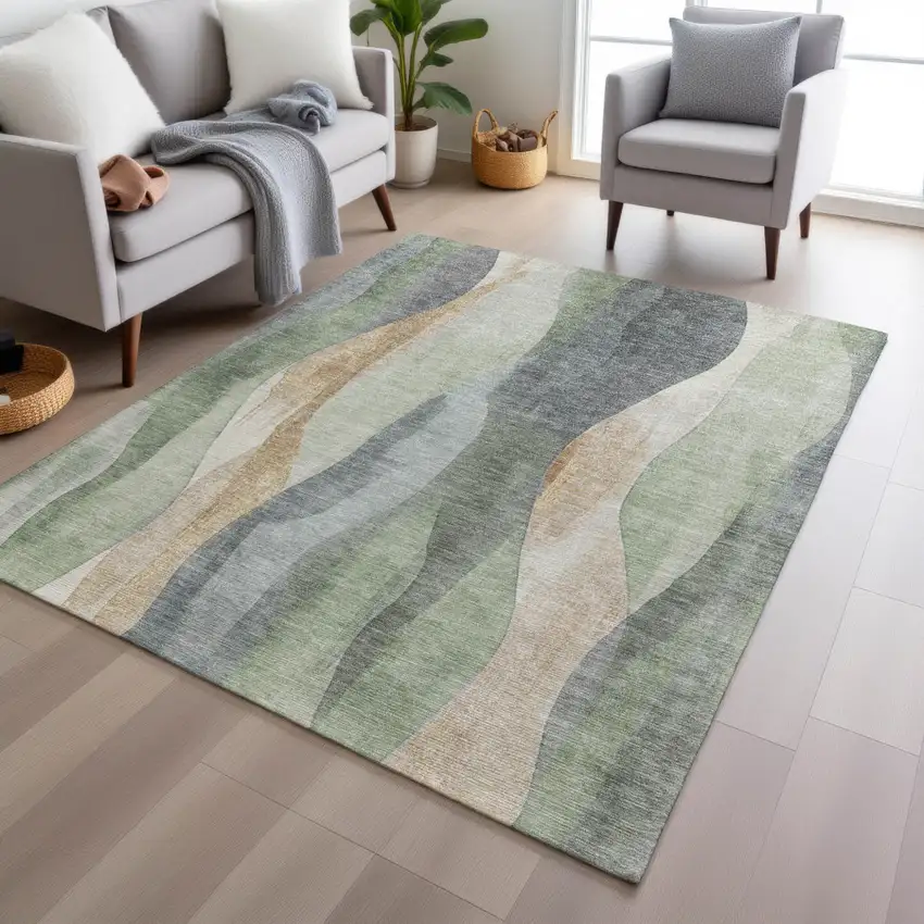 Artichoke Green And Gray Abstract Washable Indoor Outdoor Area Rug Photo 4